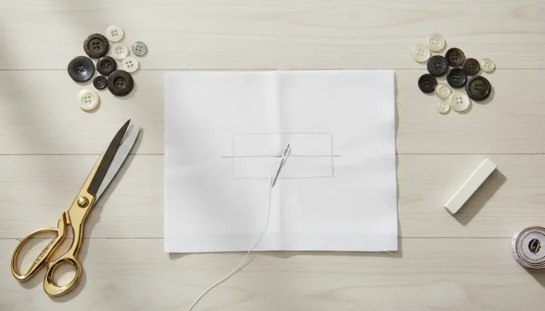 Knopfloch nähen Anleitung - Stoff mit Markierung, Nadel, Faden, Schere und Knöpfe auf Holztisch